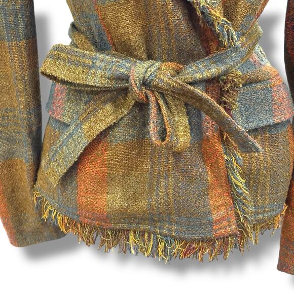 Anthropologie Cartonnier Size 0 XS Plaid Wrap Fringed Tweed Jacket Blazer - Picture 5 of 6